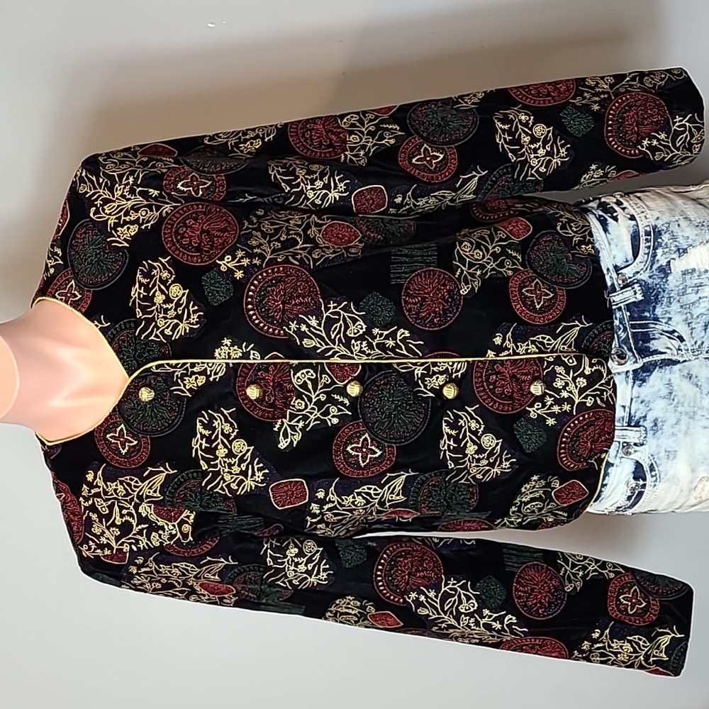 Vintage Velvet‎ Jacket Size 8 Holiday 90s Metallic Embroidered Y2K Gilded Gold